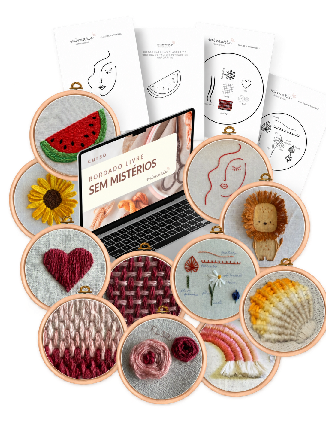 Bordados em bastidores ao redor do curso aberto no notebook, com riscos impressos