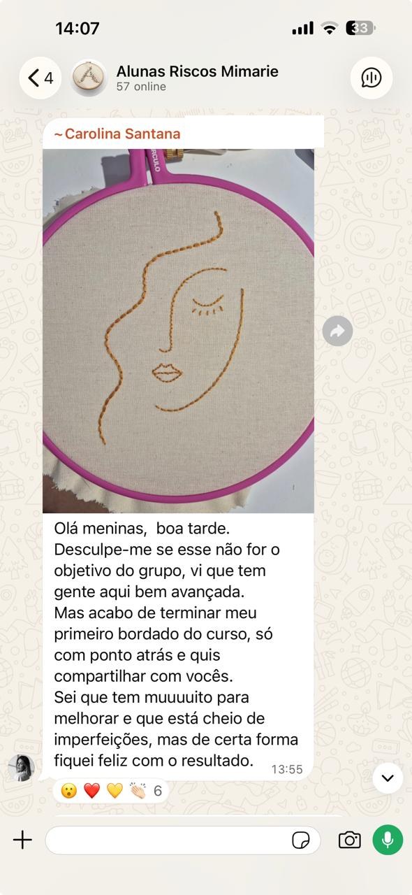 Carolina: primeiro bordado do curso, só com ponto atrás